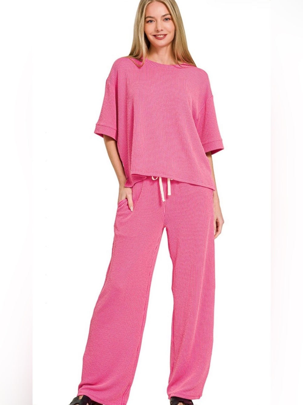 Zenana Raised Ribbed Short Sleeve & Pants Set - NWOT - Bubblegum Pink - S